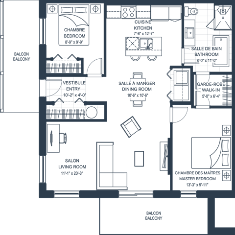 Floor plan for 2 beds, 1 bath, 1252 sqft